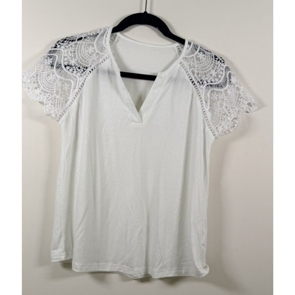 Womens White Lace Accent V-Neck Short Sleeve Stretch Blouse Top - S